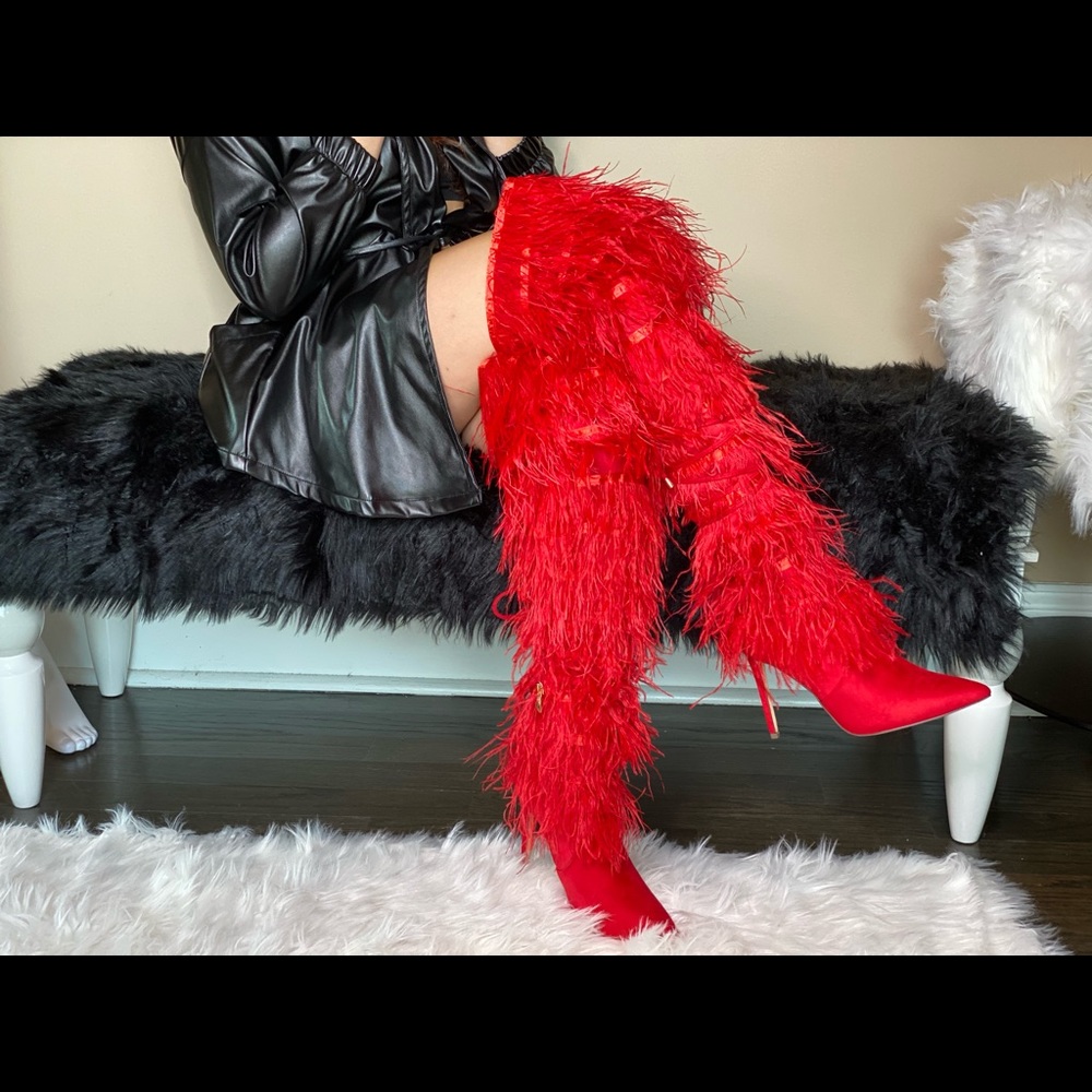 LILIANA CAMPBELL RED FEATHER HEEL BOOTS - Picture 3 of 16